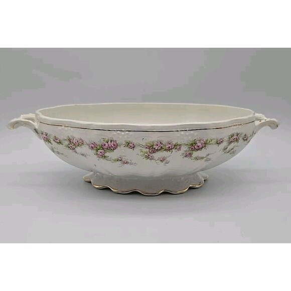 Vintage Dresden Semi Porcelain Two Handle Serving Bowl Rosesand Gold Trimmed - Picture 3 of 12